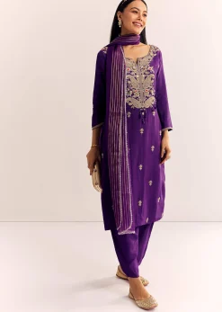 Purple Zardosi Work Dola Silk Kurta Set With Organza Dupatta