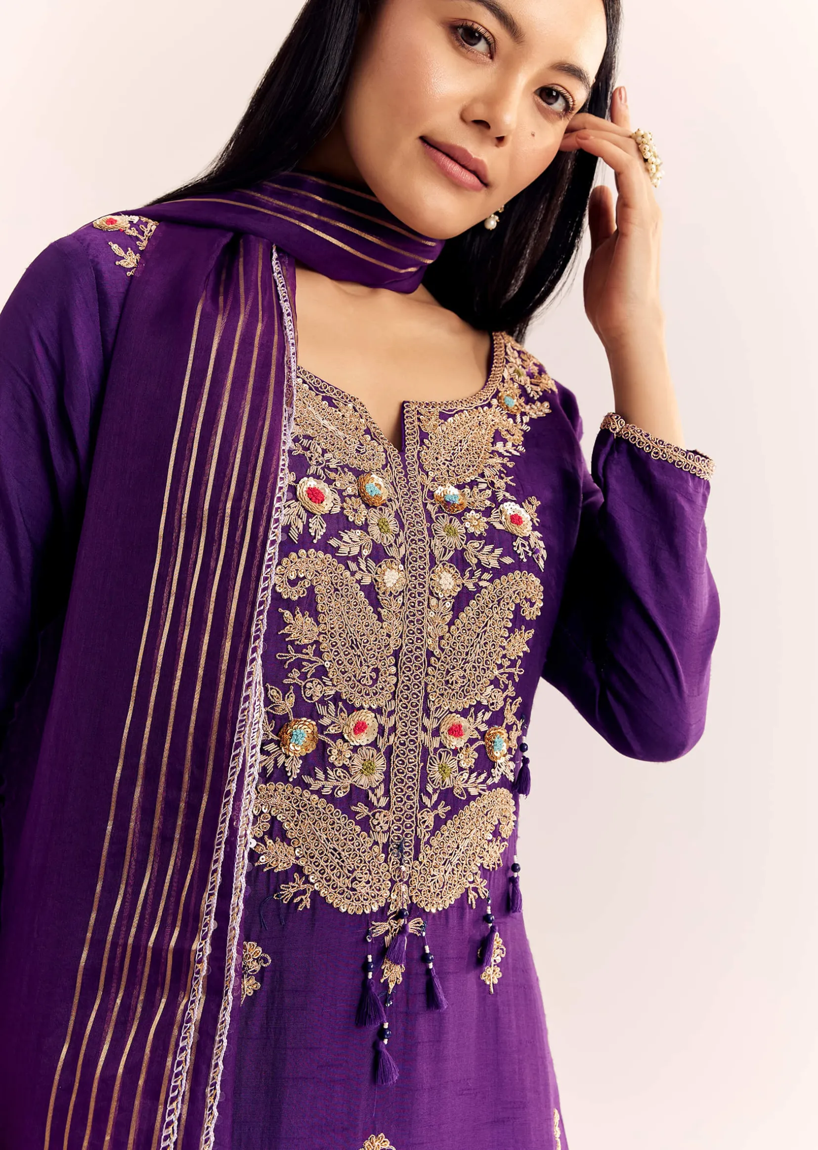 Purple Zardosi Work Dola Silk Kurta Set With Organza Dupatta