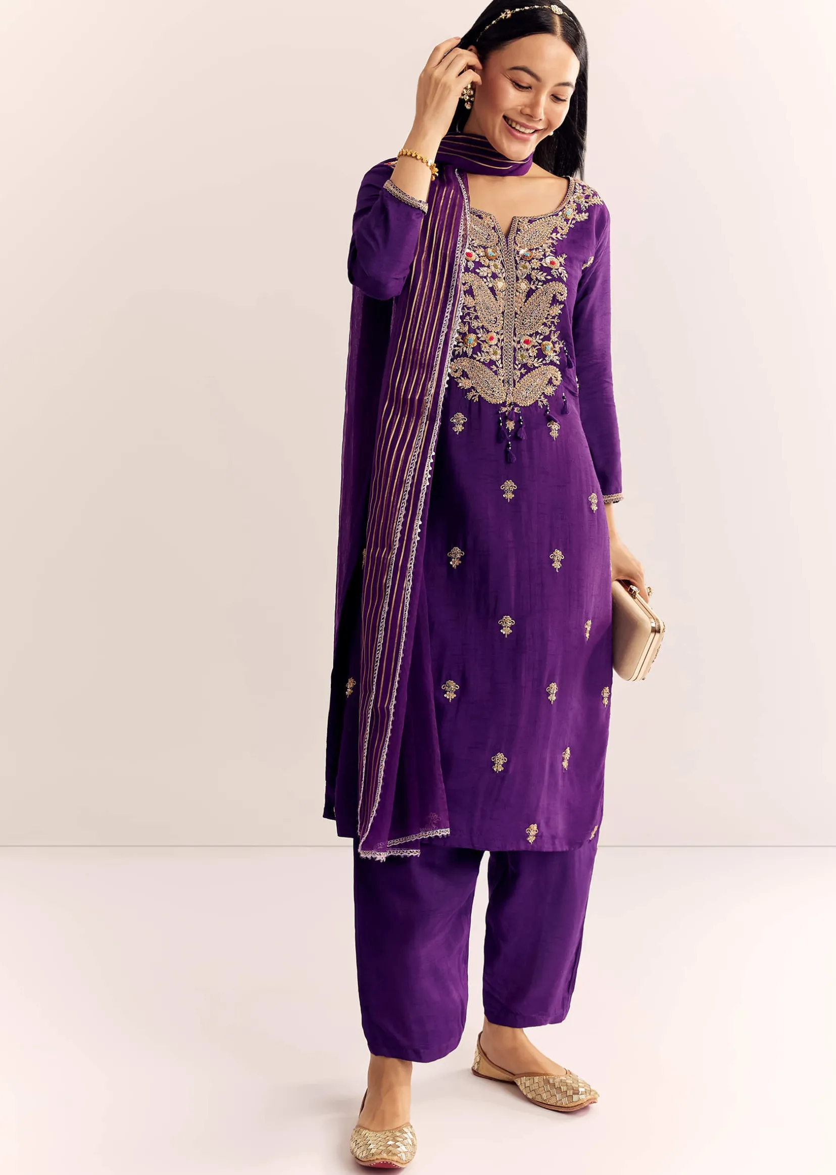 Purple Zardosi Work Dola Silk Kurta Set With Organza Dupatta
