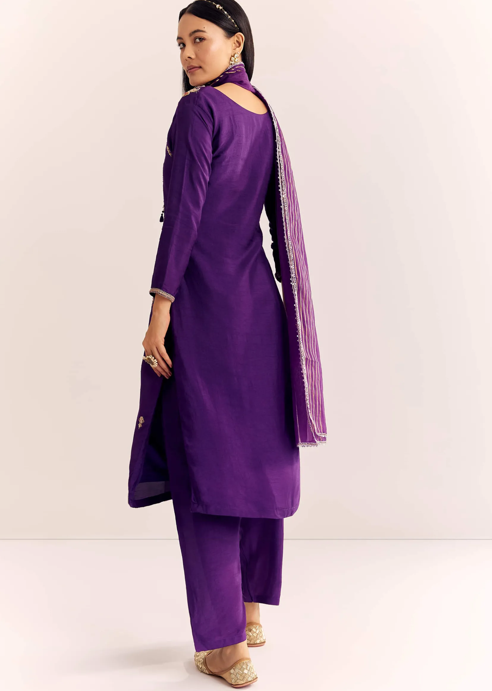 Purple Zardosi Work Dola Silk Kurta Set With Organza Dupatta