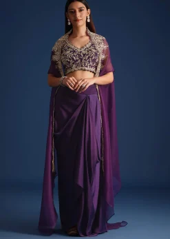Purple Zardozi Work Jacket With Crop Top And Skirt