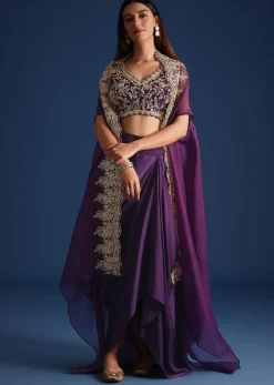 Purple Zardozi Work Jacket With Crop Top And Skirt
