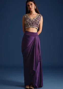 Purple Zardozi Work Jacket With Crop Top And Skirt