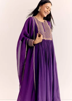 Purple Zari Neckline Chinon Anarkali Suit With Organza Dupatta
