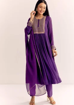 Purple Zari Neckline Chinon Anarkali Suit With Organza Dupatta