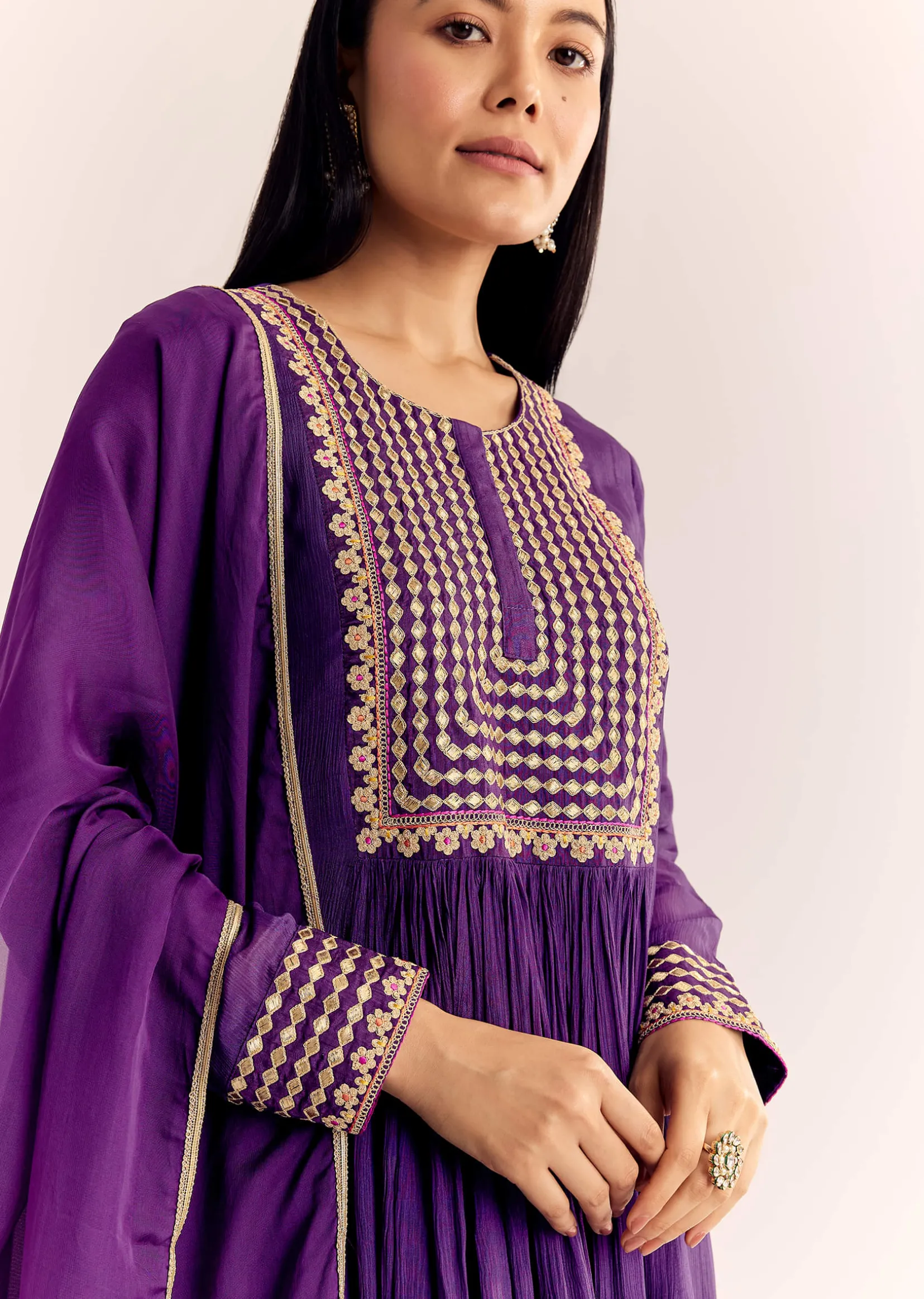 Purple Zari Neckline Chinon Anarkali Suit With Organza Dupatta