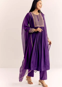 Purple Zari Neckline Chinon Anarkali Suit With Organza Dupatta