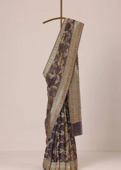 Purple Zari Saree In Crushed Silk Georgette