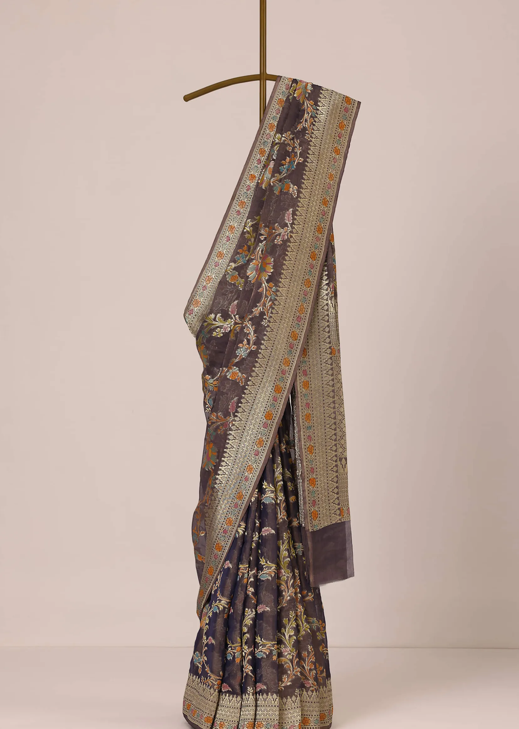 Purple Zari Saree In Crushed Silk Georgette