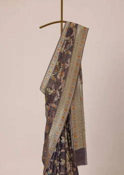 Purple Zari Saree In Crushed Silk Georgette