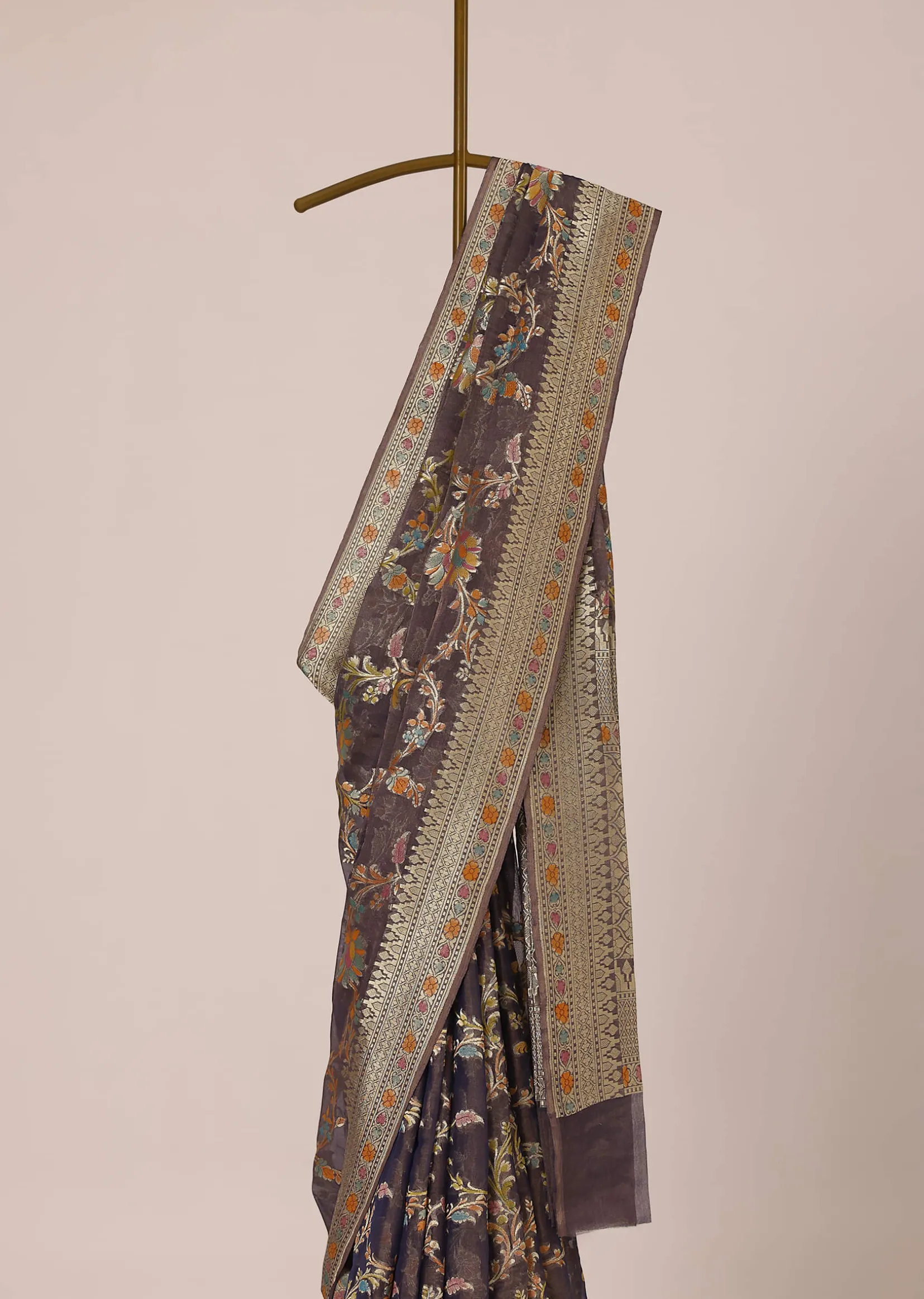 Purple Zari Saree In Crushed Silk Georgette