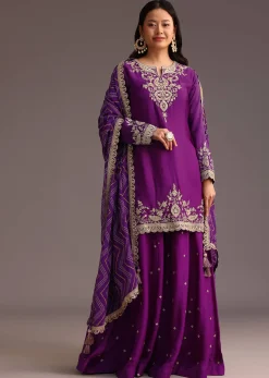 Purple Zari Work Palazzo Suit With Organza Dupatta