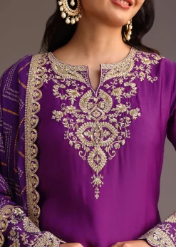 Purple Zari Work Palazzo Suit With Organza Dupatta