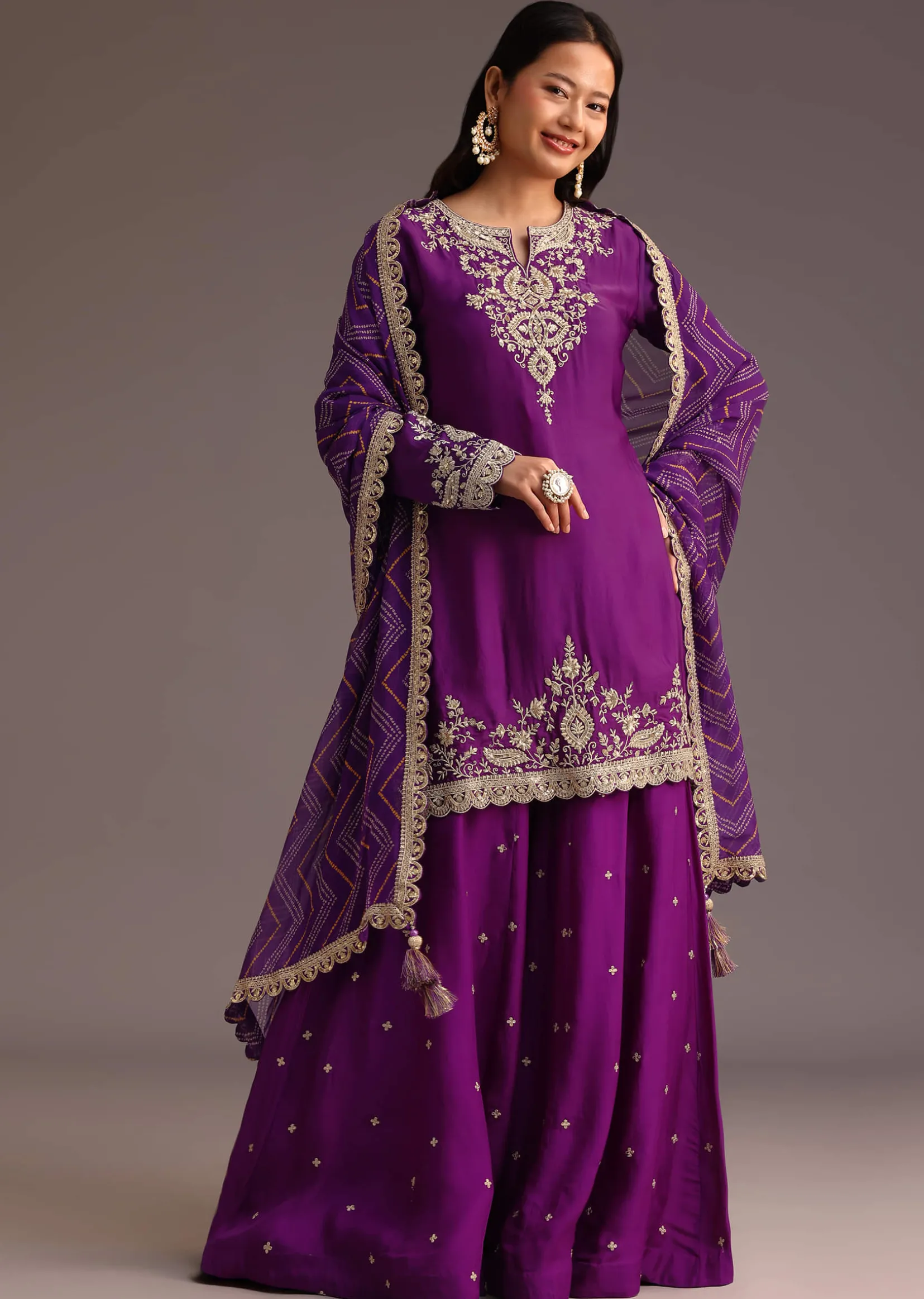 Purple Zari Work Palazzo Suit With Organza Dupatta