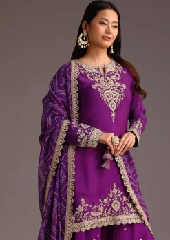 Purple Zari Work Palazzo Suit With Organza Dupatta