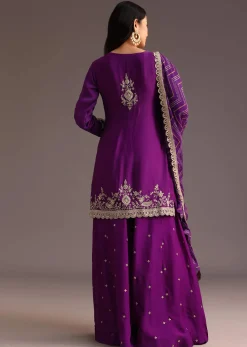 Purple Zari Work Palazzo Suit With Organza Dupatta