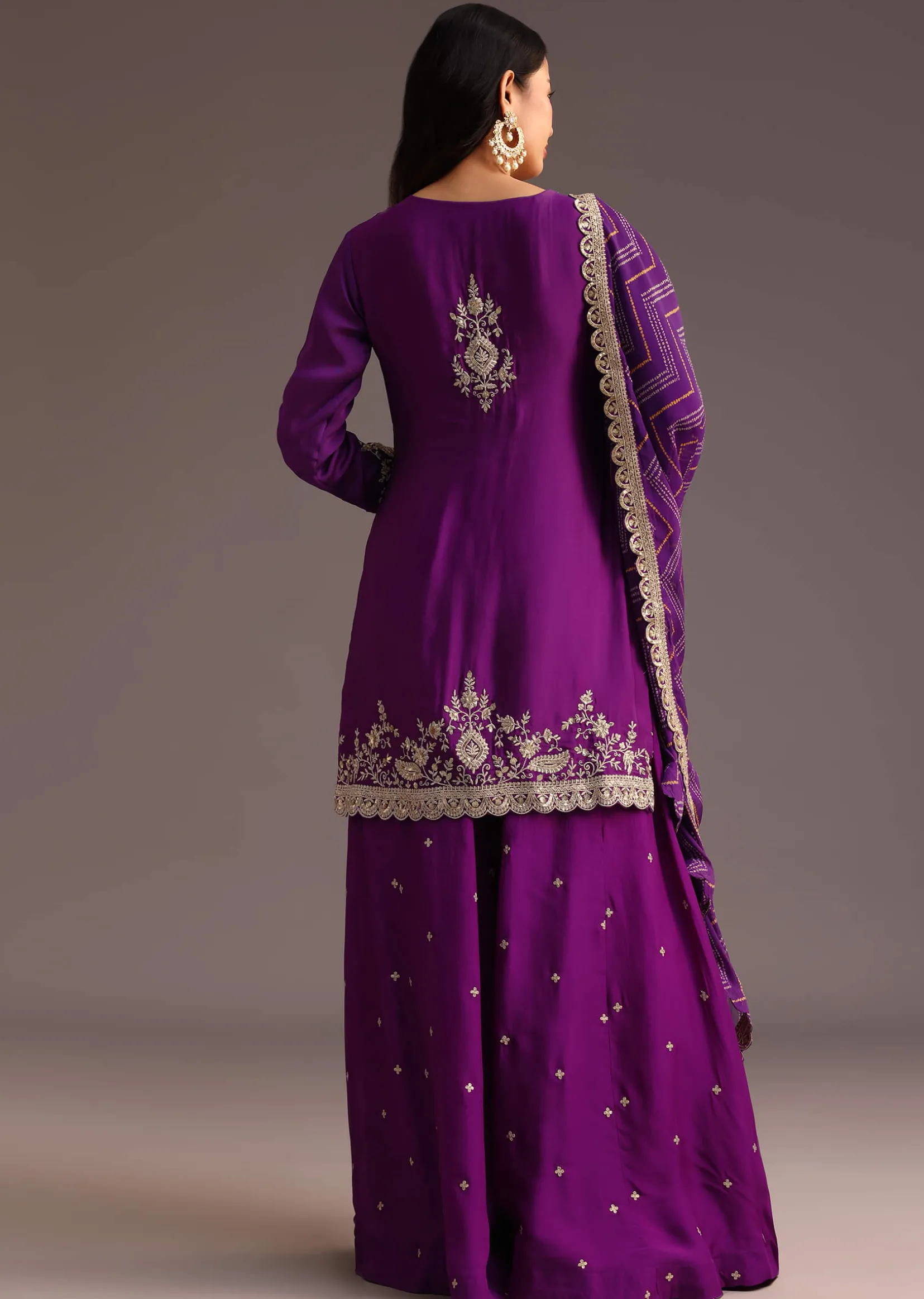 Purple Zari Work Palazzo Suit With Organza Dupatta