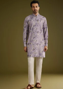 Purple Zipper Kurta Set In Russian Silk With Floral Printed