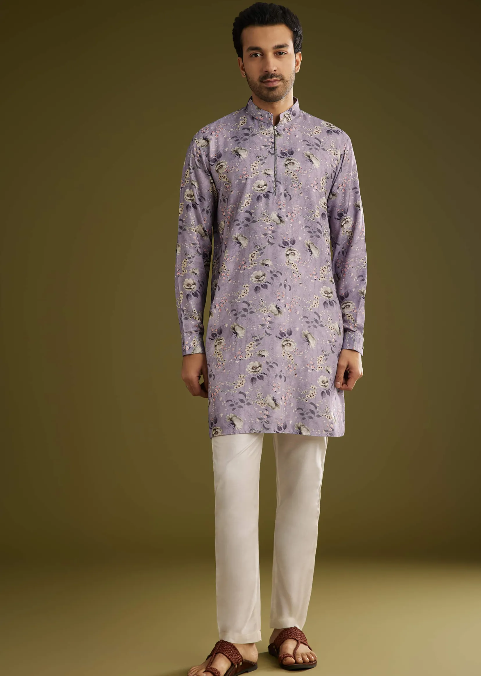 Purple Zipper Kurta Set In Russian Silk With Floral Printed