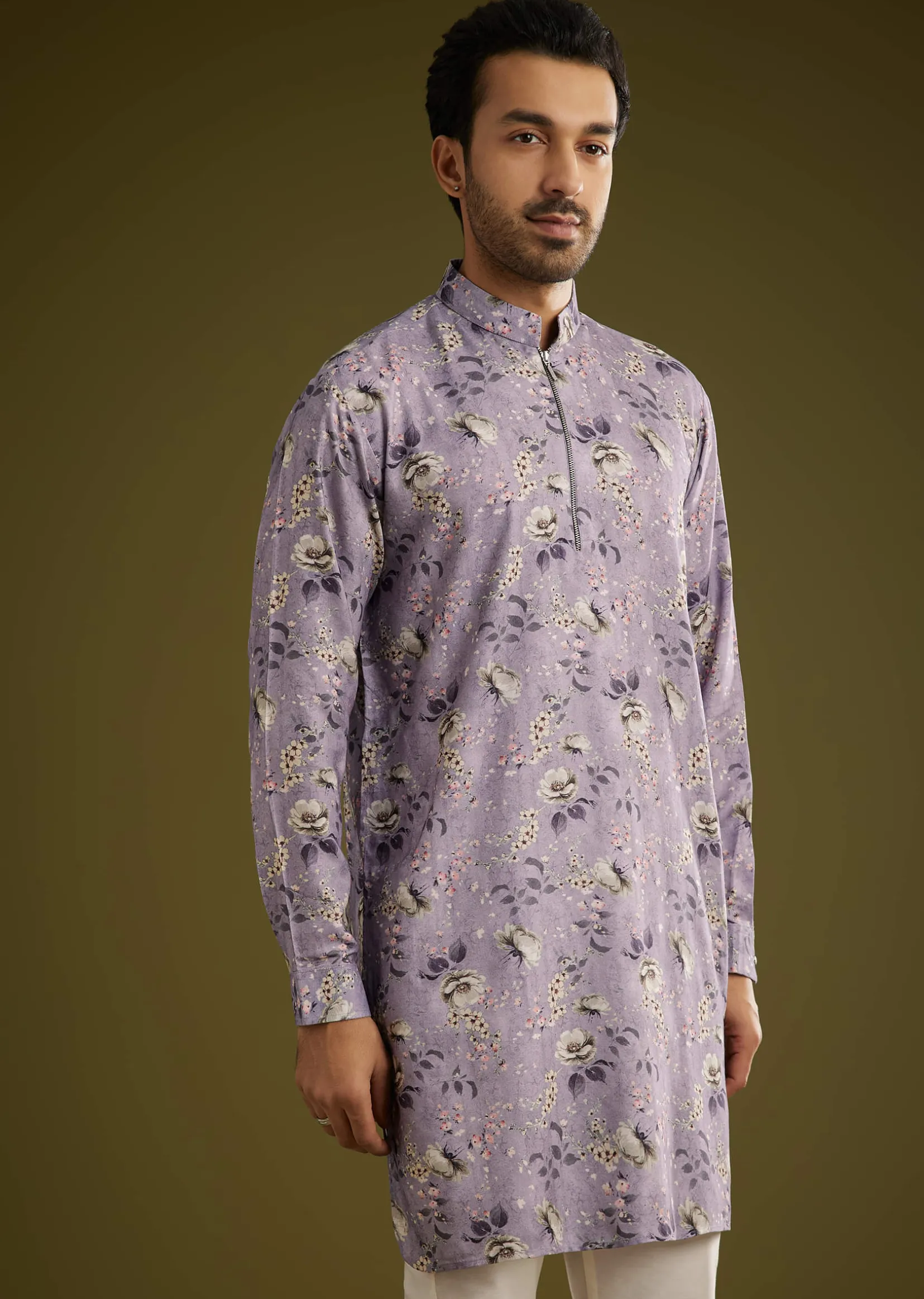 Purple Zipper Kurta Set In Russian Silk With Floral Printed