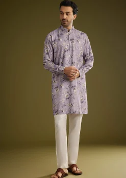 Purple Zipper Kurta Set In Russian Silk With Floral Printed
