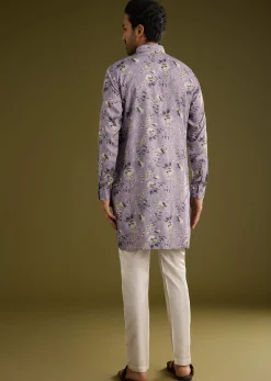 Purple Zipper Kurta Set In Russian Silk With Floral Printed