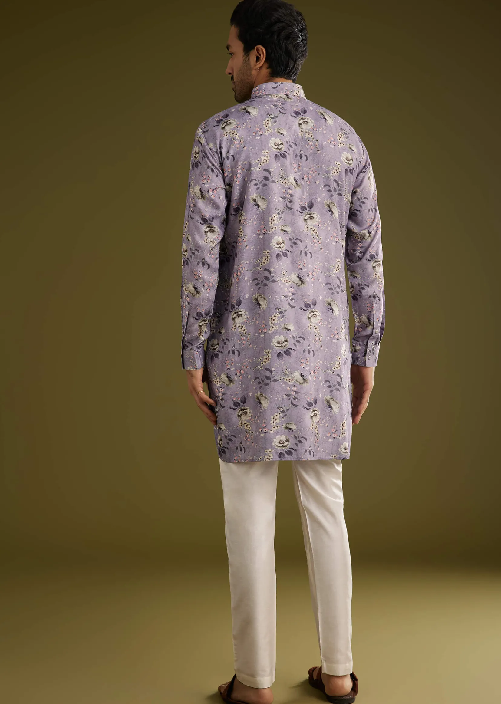 Purple Zipper Kurta Set In Russian Silk With Floral Printed