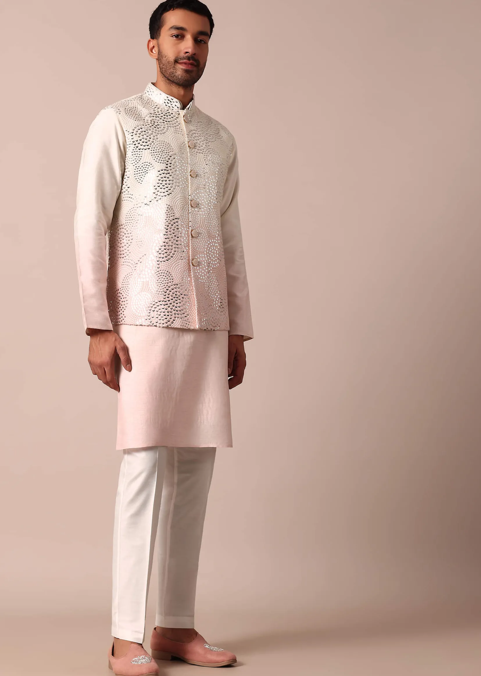 Radiant Ombre Pink Silk Jacket Kurta Set For Men