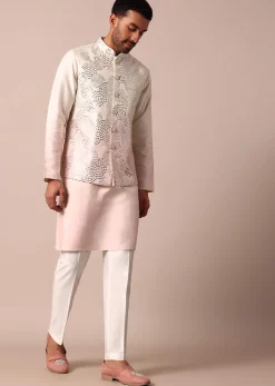 Radiant Ombre Pink Silk Jacket Kurta Set For Men