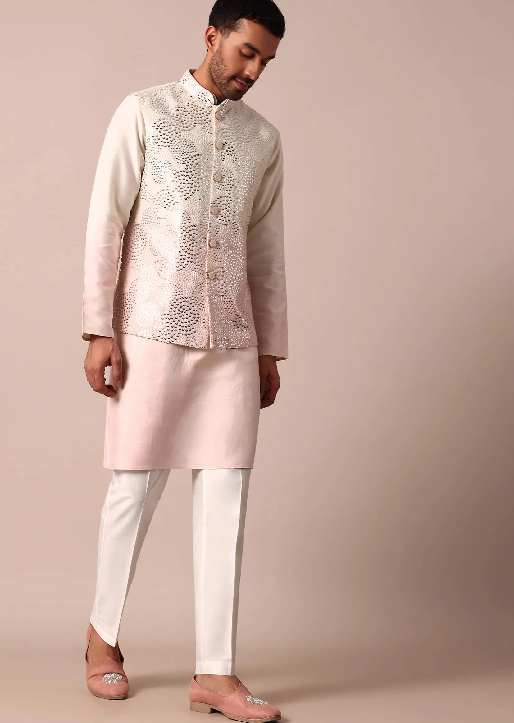 Radiant Ombre Pink Silk Jacket Kurta Set For Men