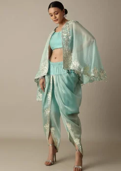 Radiant Teal Gotta Patti Work Dhoti Set With Jacket