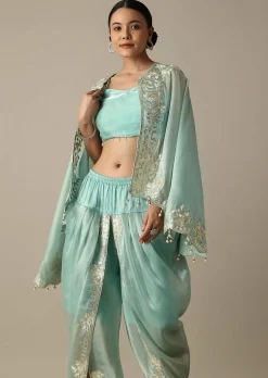 Radiant Teal Gotta Patti Work Dhoti Set With Jacket