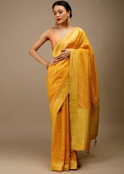 Radiant Yellow Saree In Georgette With Brocade Woven Diagonal Stripes And Floral Border