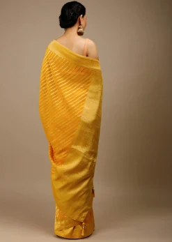 Radiant Yellow Saree In Georgette With Brocade Woven Diagonal Stripes And Floral Border