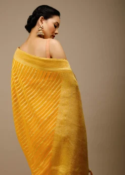 Radiant Yellow Saree In Georgette With Brocade Woven Diagonal Stripes And Floral Border