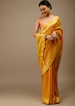 Radiant Yellow Saree In Georgette With Brocade Woven Diagonal Stripes And Floral Border