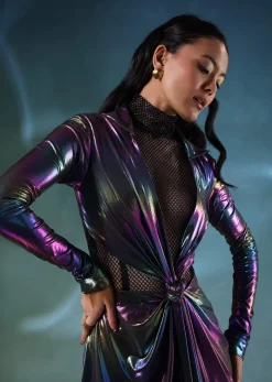 Rainbow Metallic One Piece Gown In Metallic And Mesh Fabric