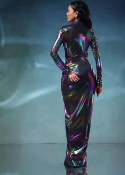 Rainbow Metallic One Piece Gown In Metallic And Mesh Fabric