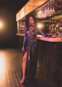 Rainbow Metallic One Piece Gown In Metallic And Mesh Fabric