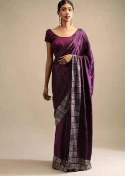 Raisin Purple Saree In Satin With Two Toned Kundan Embellished Border And Ready Stitched Blouse