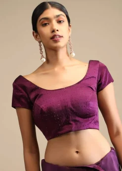 Raisin Purple Saree In Satin With Two Toned Kundan Embellished Border And Ready Stitched Blouse