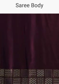 Raisin Purple Saree In Satin With Two Toned Kundan Embellished Border And Ready Stitched Blouse
