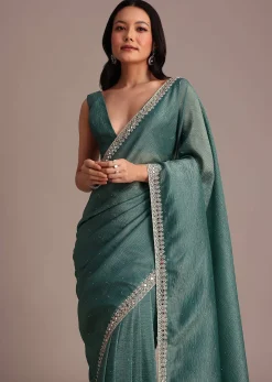 Rama Green Crushed Tissue Saree With Mirror and Cutdana Embellished Border