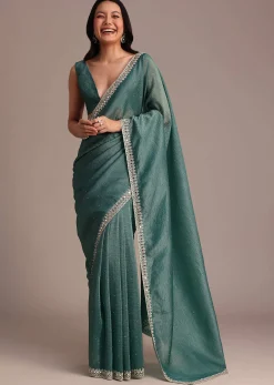 Rama Green Crushed Tissue Saree With Mirror and Cutdana Embellished Border