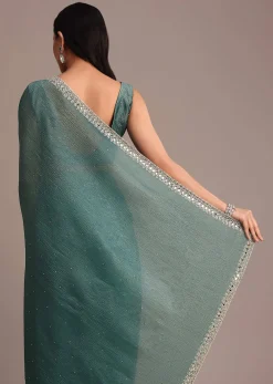 Rama Green Crushed Tissue Saree With Mirror and Cutdana Embellished Border