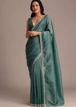 Rama Green Crushed Tissue Saree With Mirror and Cutdana Embellished Border