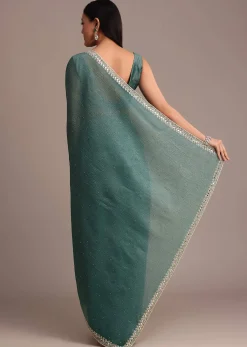Rama Green Crushed Tissue Saree With Mirror and Cutdana Embellished Border