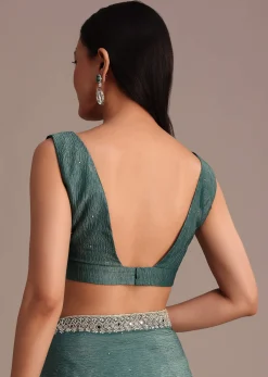 Rama Green Crushed Tissue Saree With Mirror and Cutdana Embellished Border