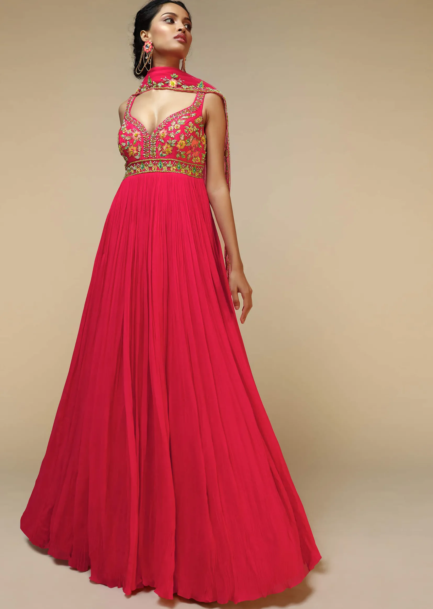 Rani Pink Anarkali Suit In Crushed Georgette With A Hand Embroidered Bodice Adorned In Multi Colored Resham And Sequins Work