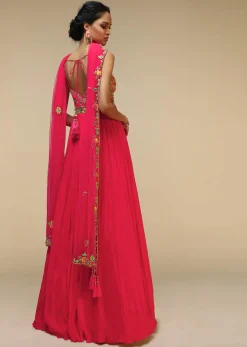 Rani Pink Anarkali Suit In Crushed Georgette With A Hand Embroidered Bodice Adorned In Multi Colored Resham And Sequins Work